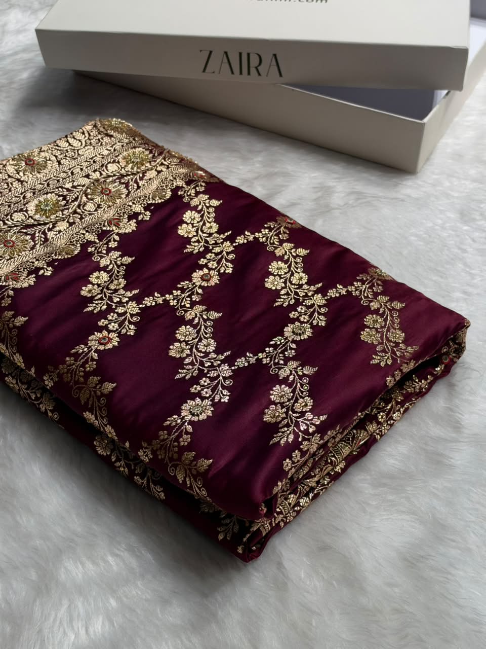 Deep Wine Floral Jaal Pattern Satin Katan Silk Saree BSK43