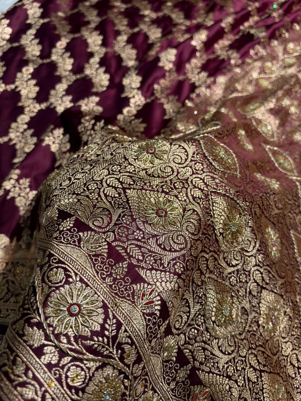 Deep Wine Floral Jaal Pattern Satin Katan Silk Saree BSK43