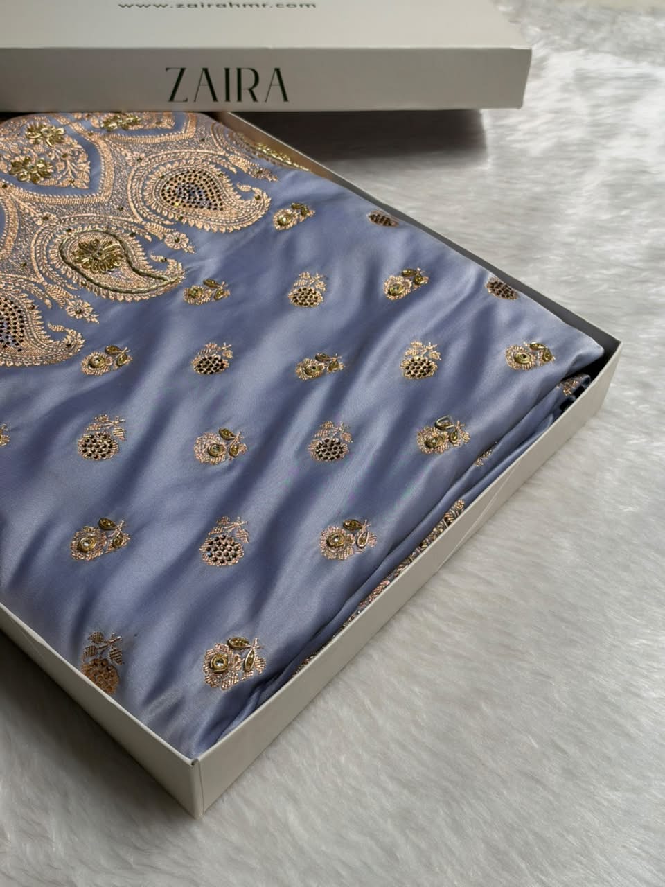 Banarasi Satin Katan Saree With Aari Zardozi Work Boota in Powder Blue Shades BSK12