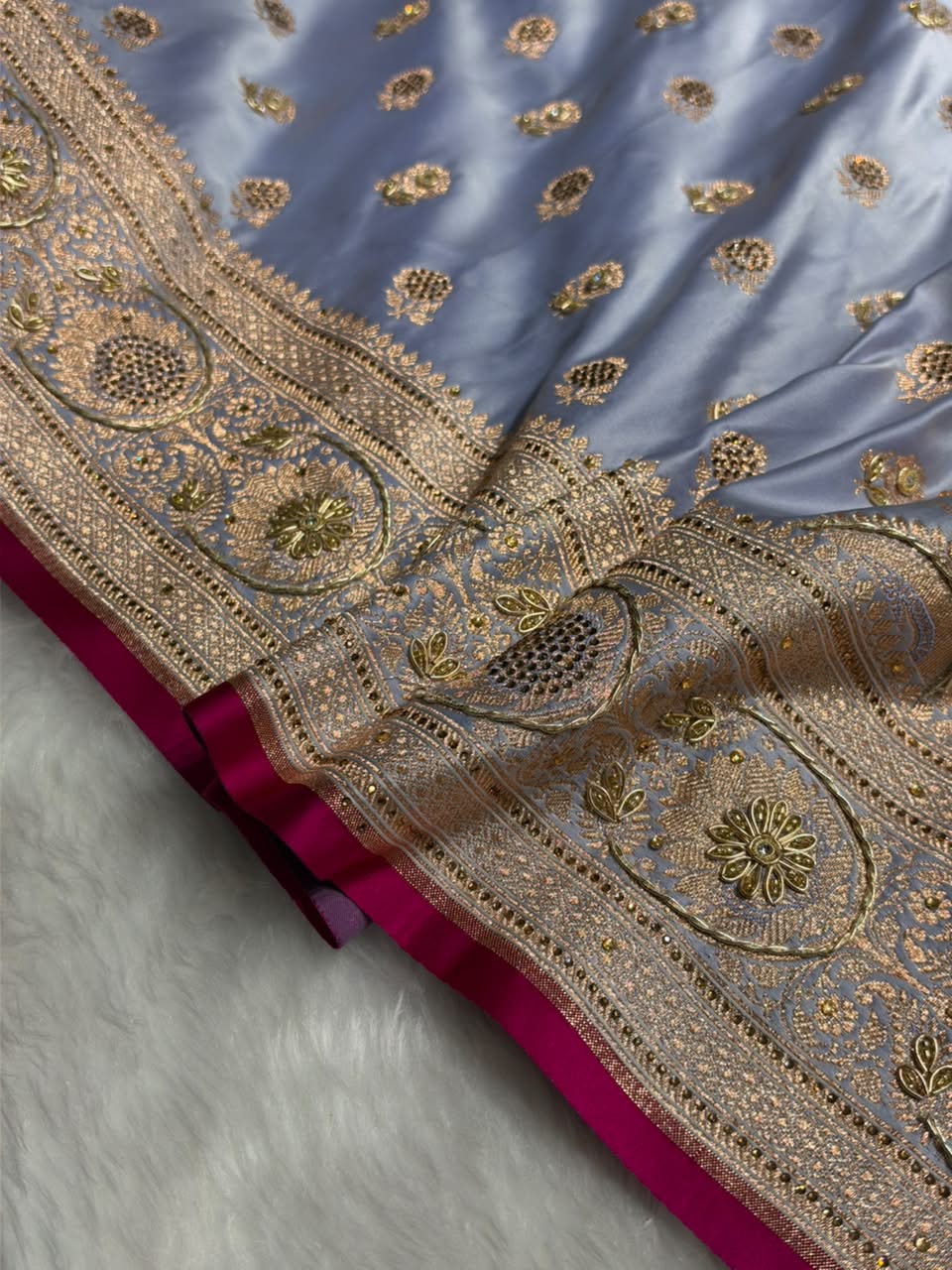 Banarasi Satin Katan Saree With Aari Zardozi Work Boota in Powder Blue Shades BSK12