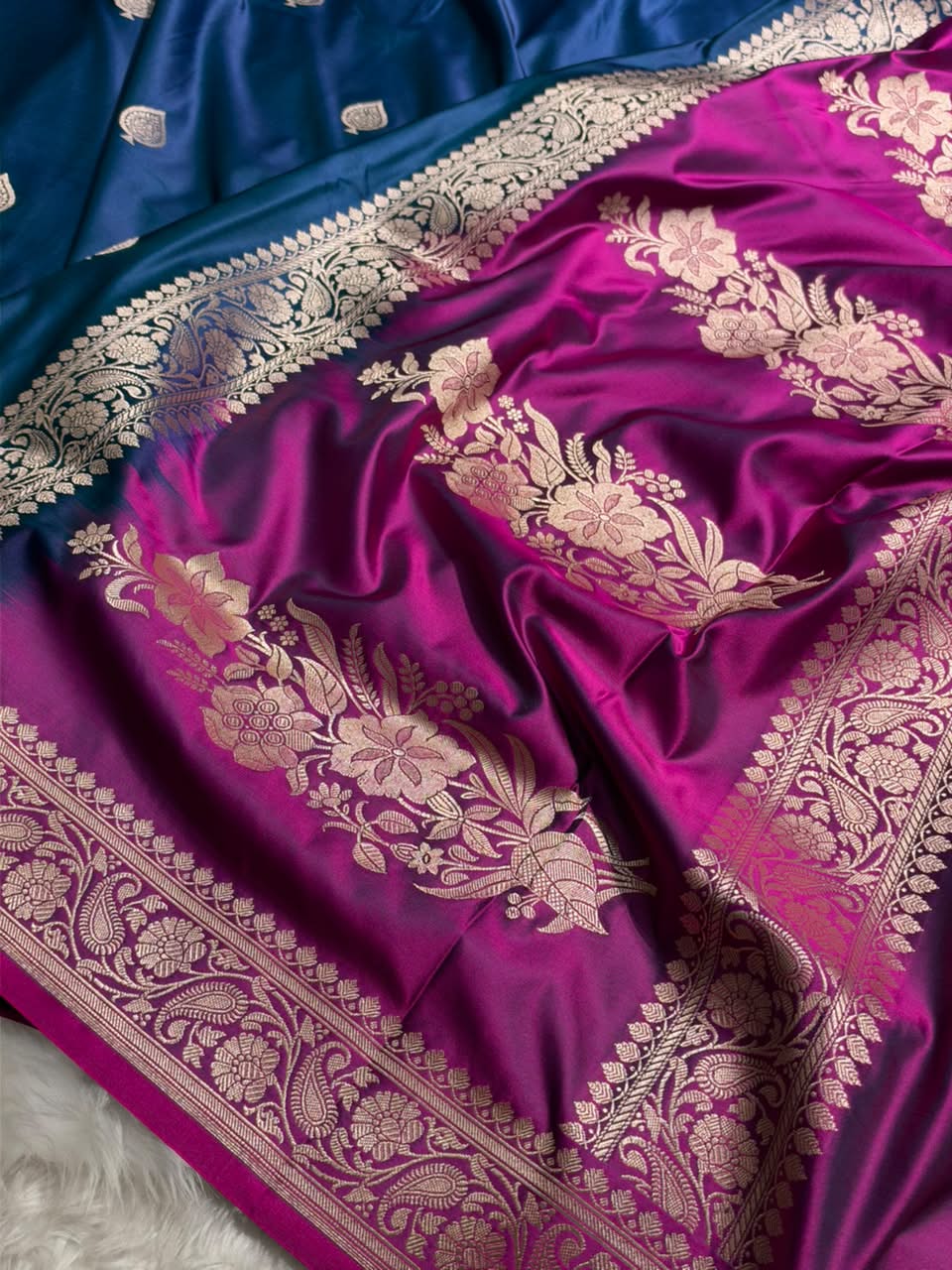 Contrast German Blue / Magenta Shade Banarasi Booti Pattern Mashru Silk Saree MSM-140