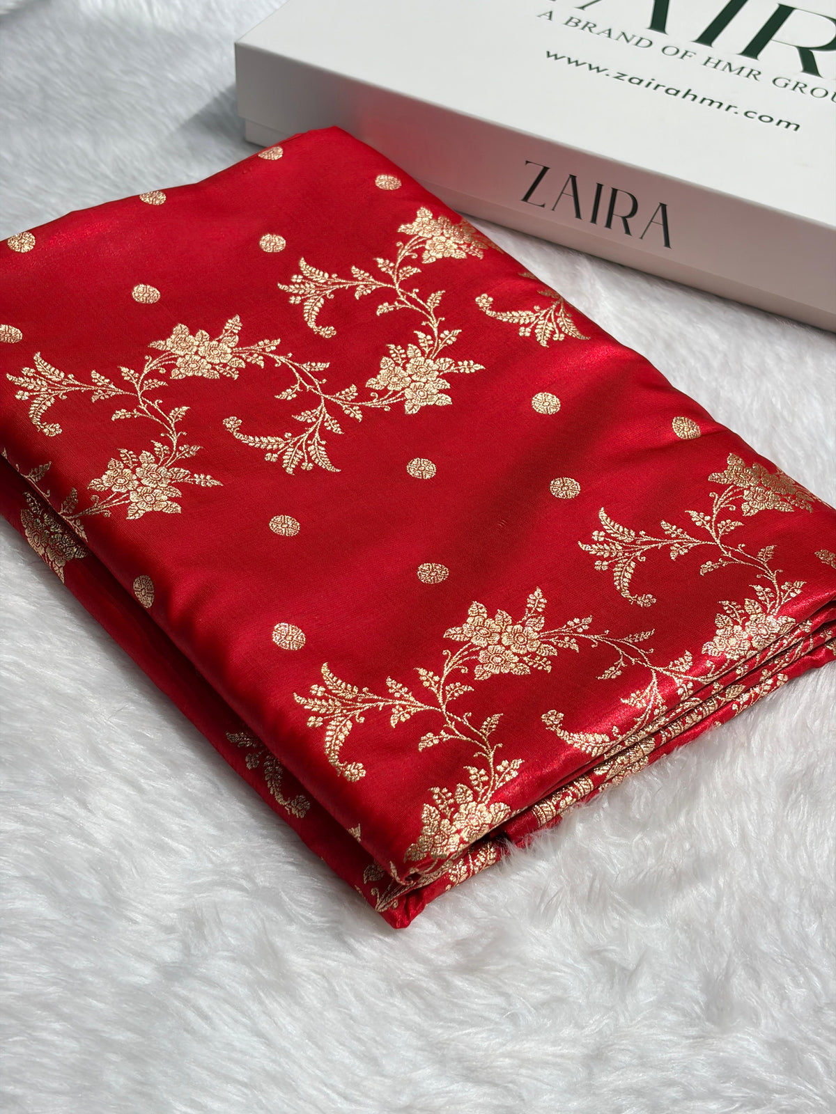 Red Banarasi Satin Silk Saree with Gold Floral Booti SS65