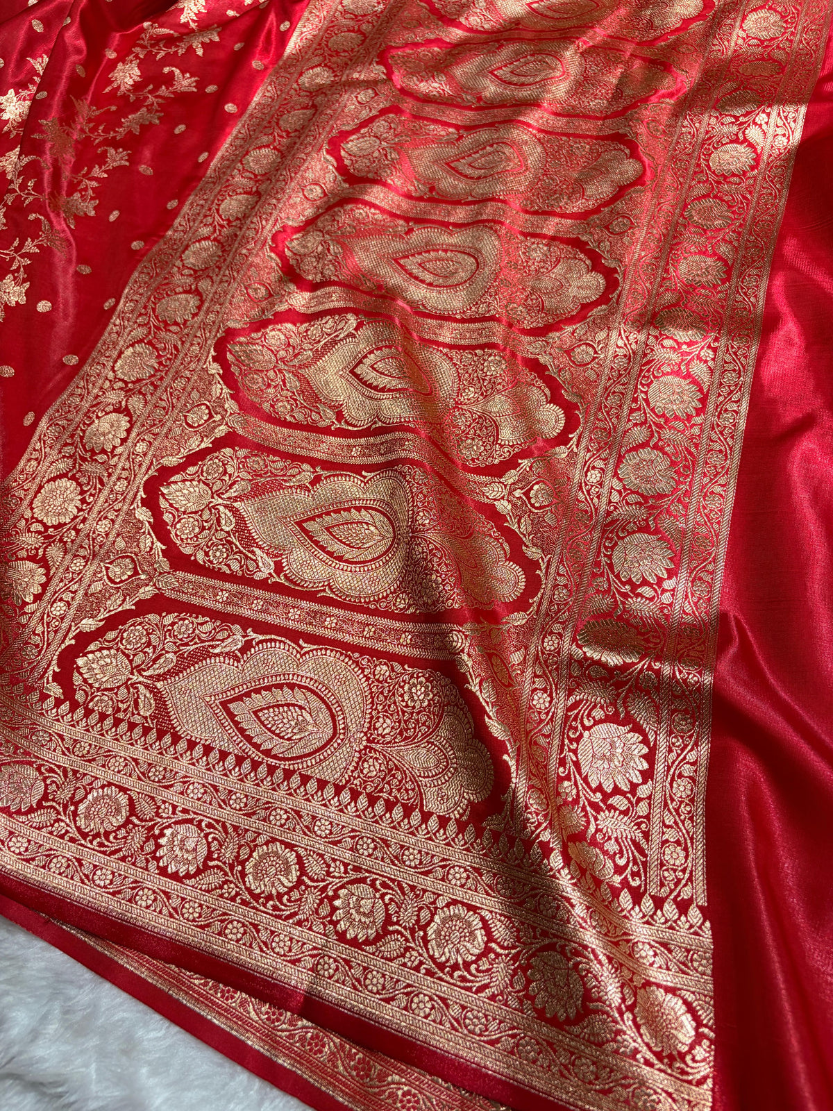Red Banarasi Satin Silk Saree with Gold Floral Booti SS65