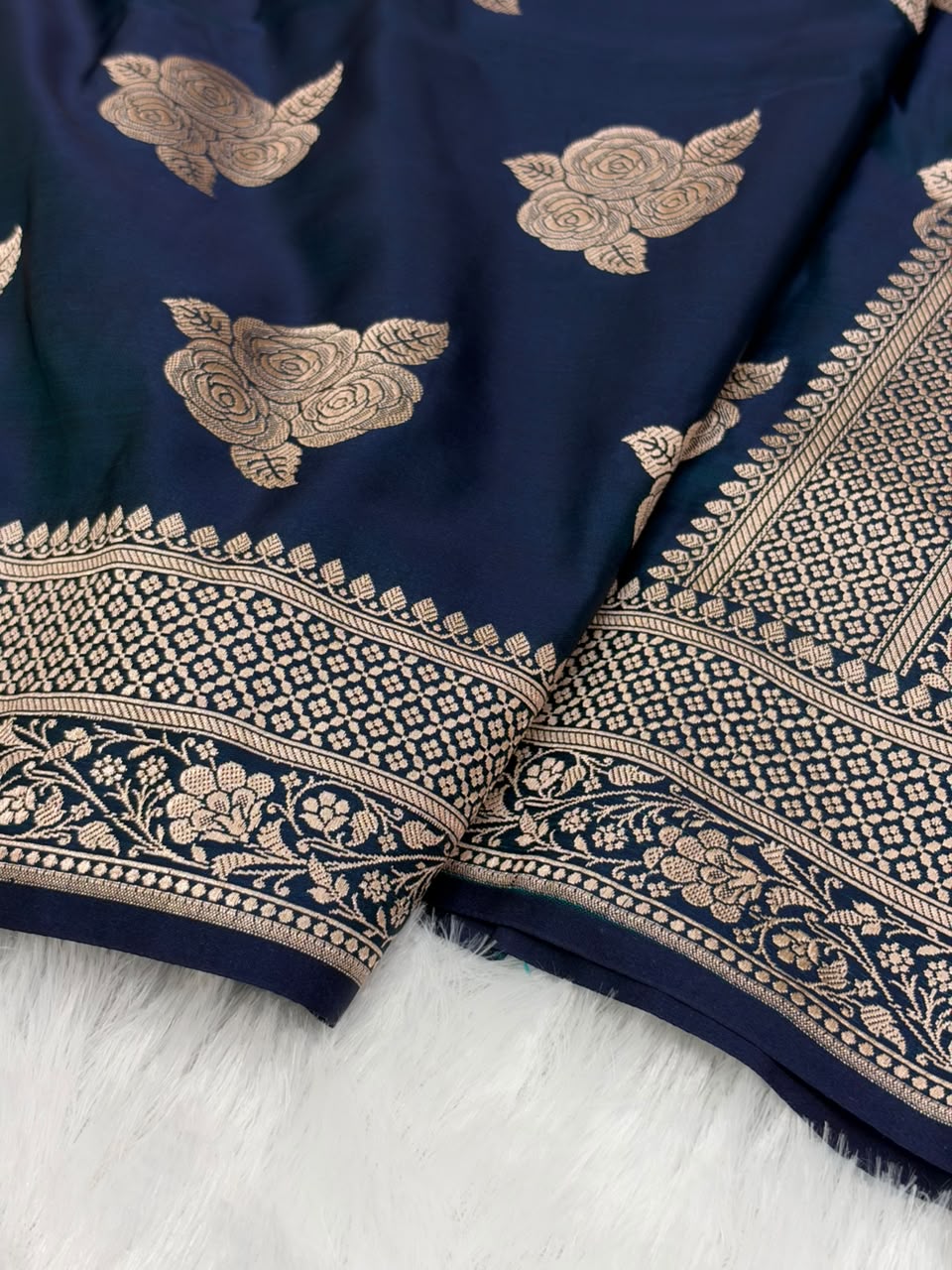 Navy Blue Shades in Rose Motif Pattern Mashru Silk Saree MSM-142
