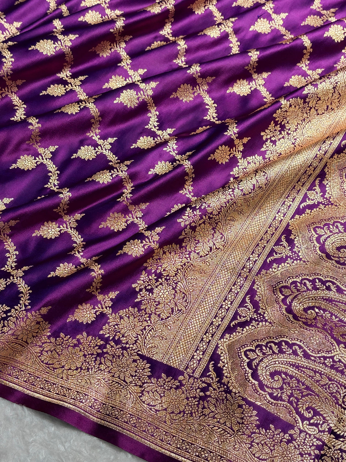 Banarasi Satin Katan Saree Floral Cross Pattern in Wine Magenta Shades SK147