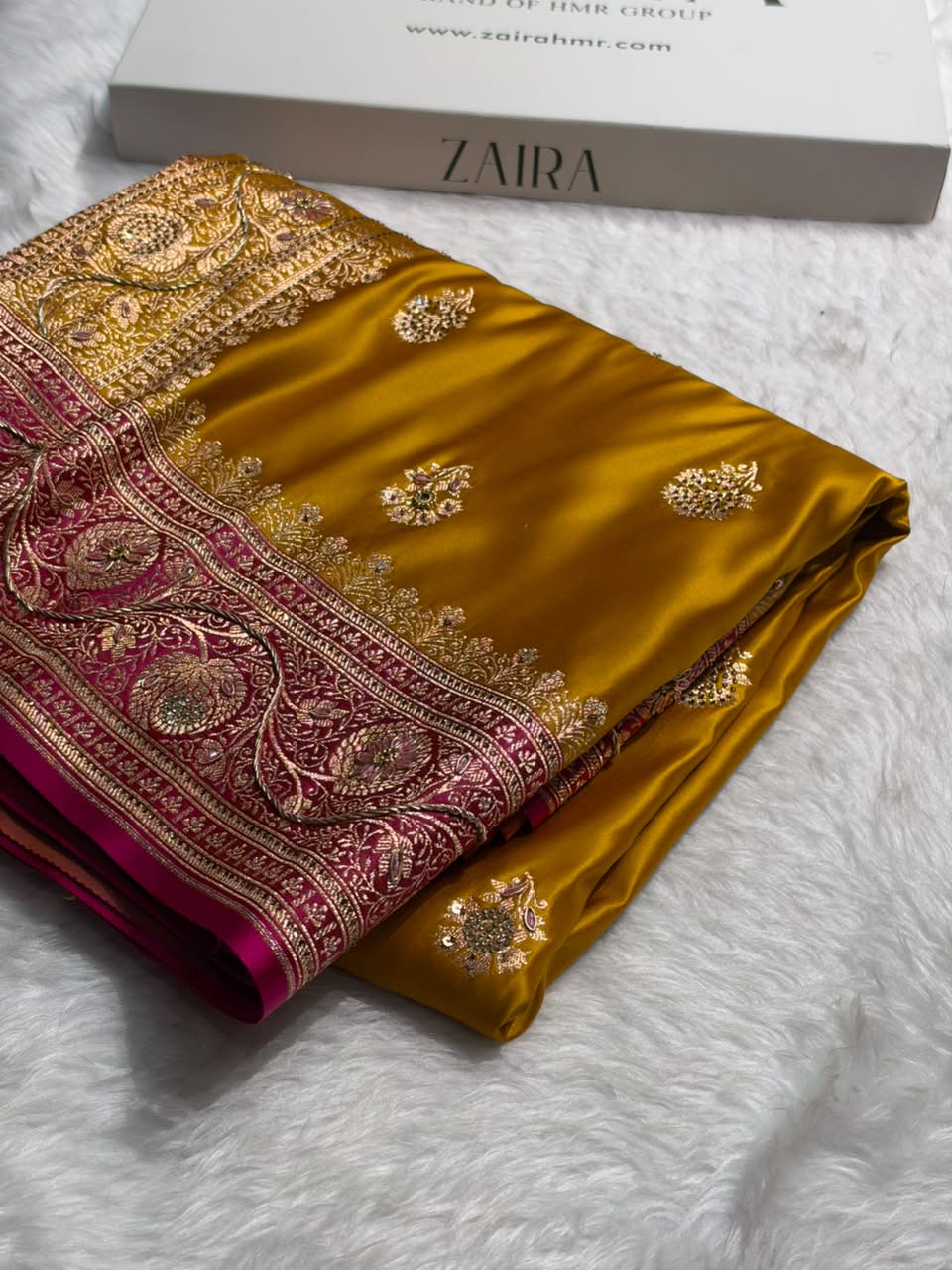 Mustard Yellow - Rani Pink Banarasi Boota With Zardozi & Swarovski Work Katan Silk Saree BSKM29
