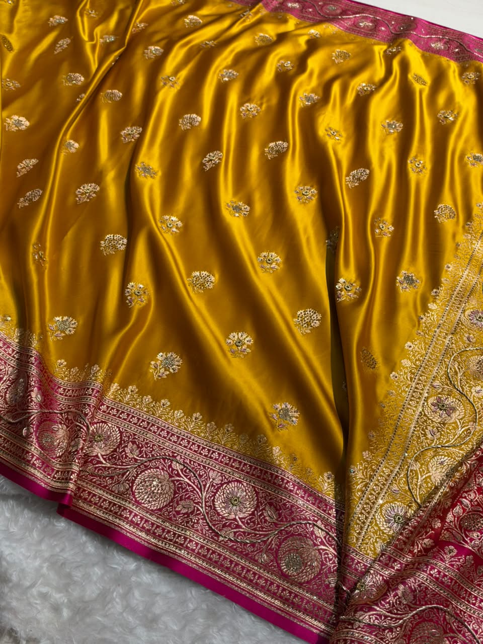 Mustard Yellow - Rani Pink Banarasi Boota With Zardozi & Swarovski Work Katan Silk Saree BSKM29