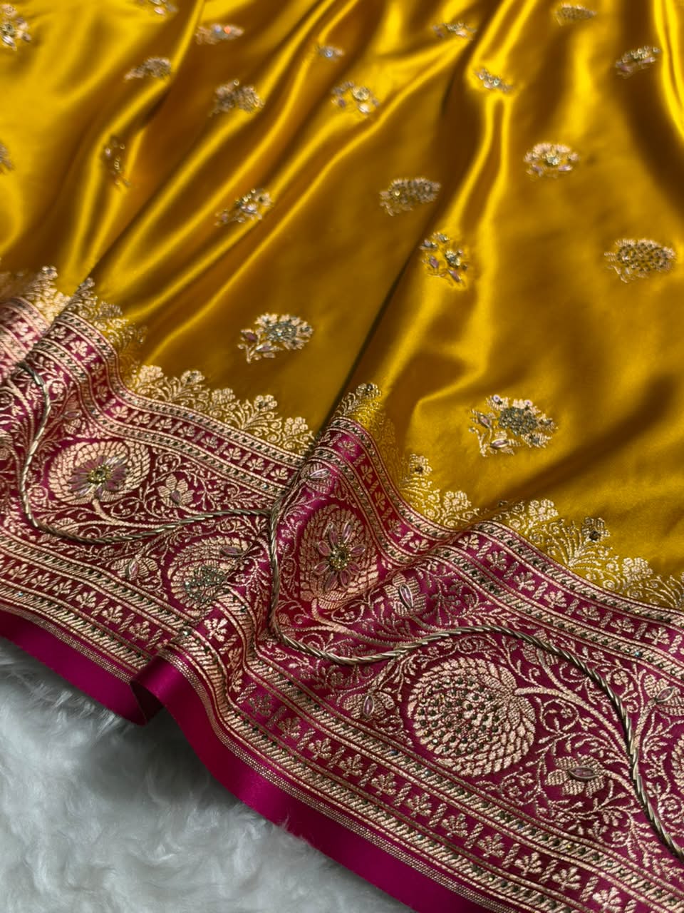 Mustard Yellow - Rani Pink Banarasi Boota With Zardozi & Swarovski Work Katan Silk Saree BSKM29