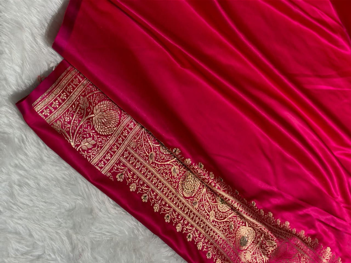 Mustard Yellow - Rani Pink Banarasi Boota With Zardozi & Swarovski Work Katan Silk Saree BSKM29