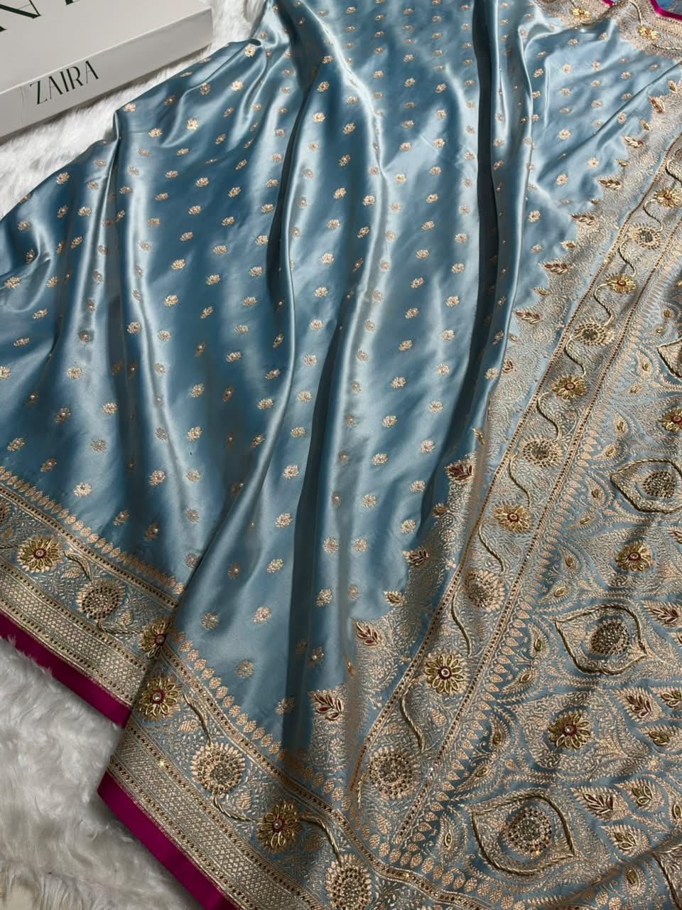 Banarasi Light Blue Shades With Ari Zardozi Work Booti Katan Silk Saree BSK07