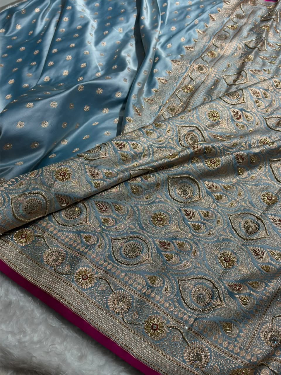 Banarasi Light Blue Shades With Ari Zardozi Work Booti Katan Silk Saree BSK07