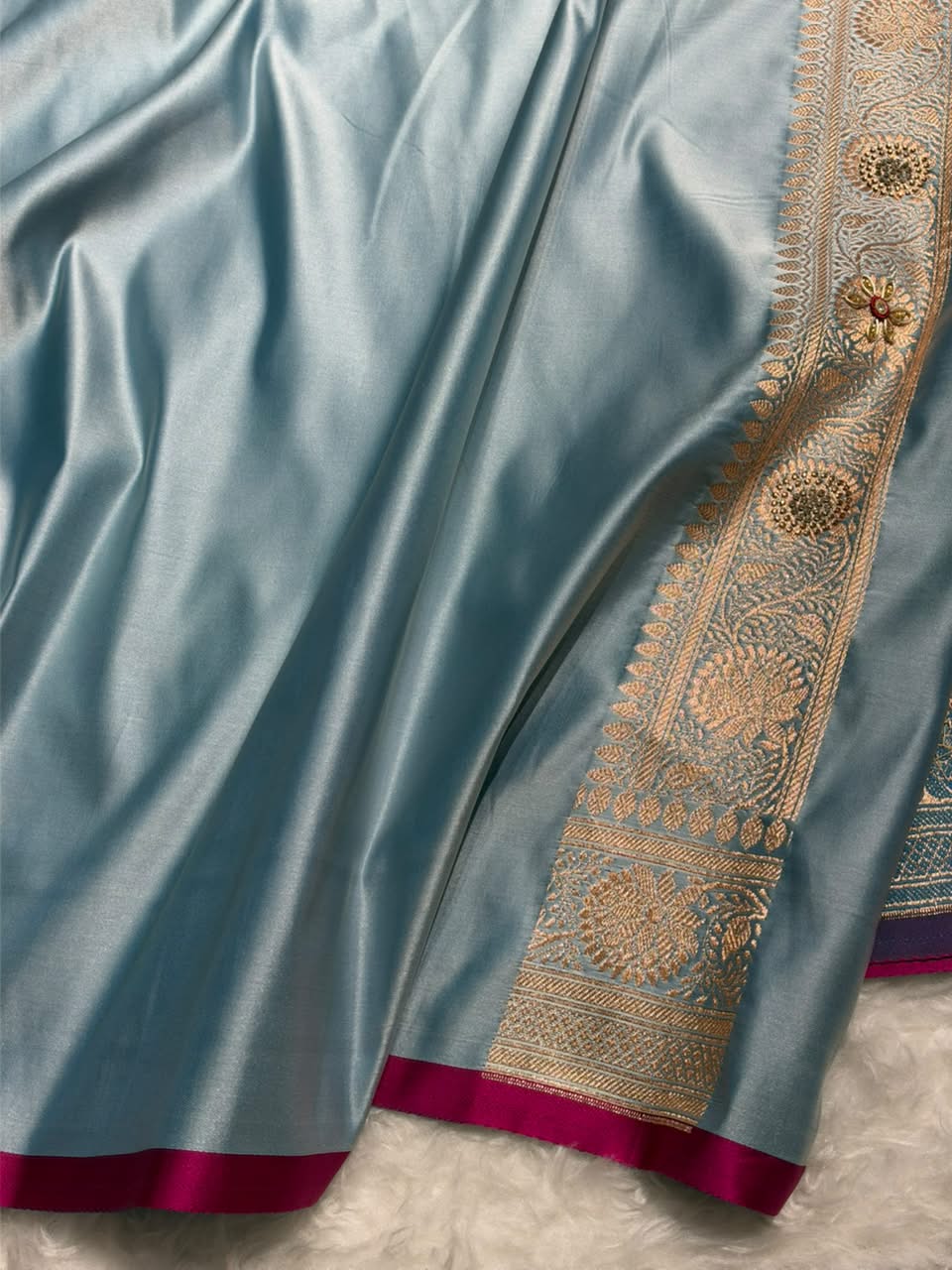 Banarasi Light Blue Shades With Ari Zardozi Work Booti Katan Silk Saree BSK07