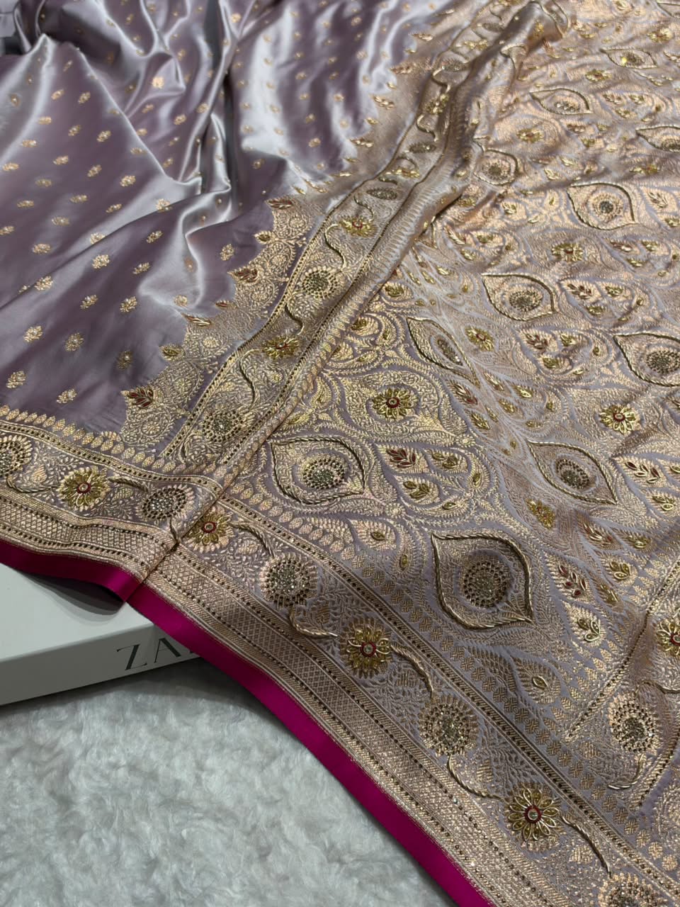 Banarsi Dusty Lavender Shades With Ari Zardozi Work Booti Katan Silk Saree BSK07