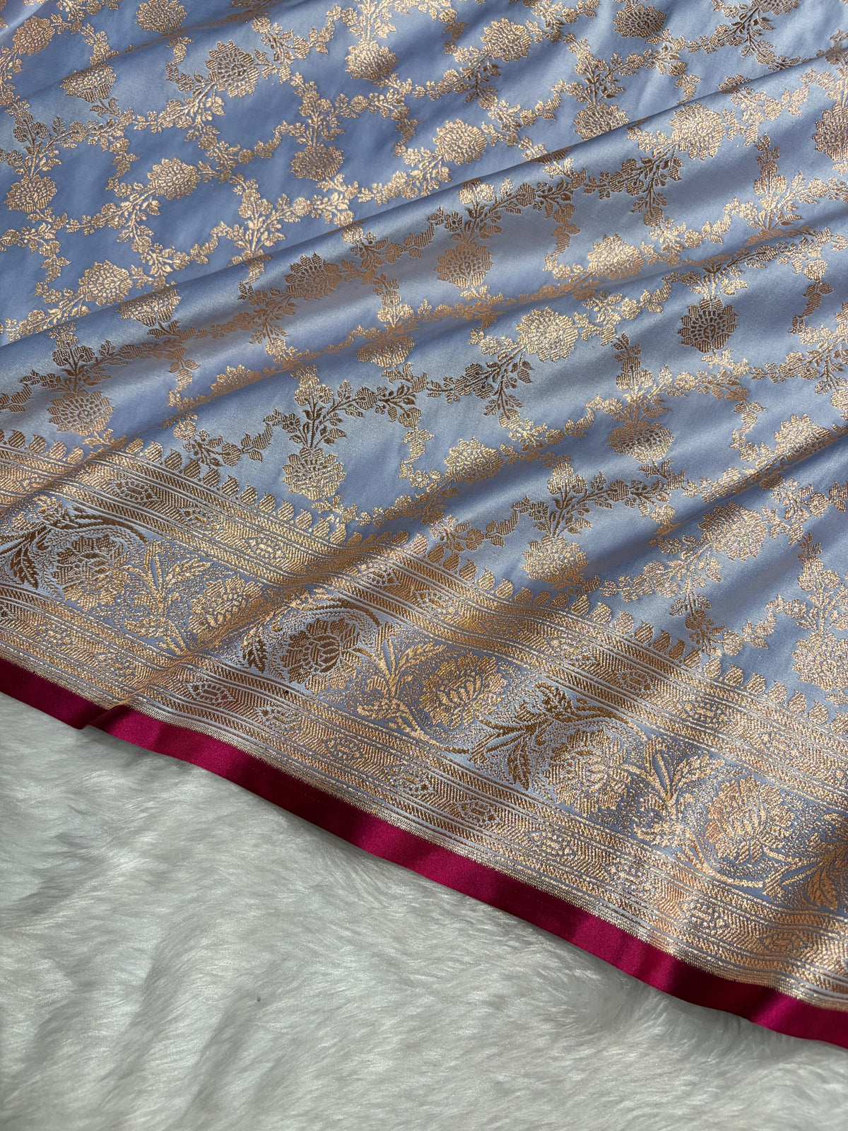 Powder Blue Shades Jaal Pattern Satin Katan Silk Saree SK25