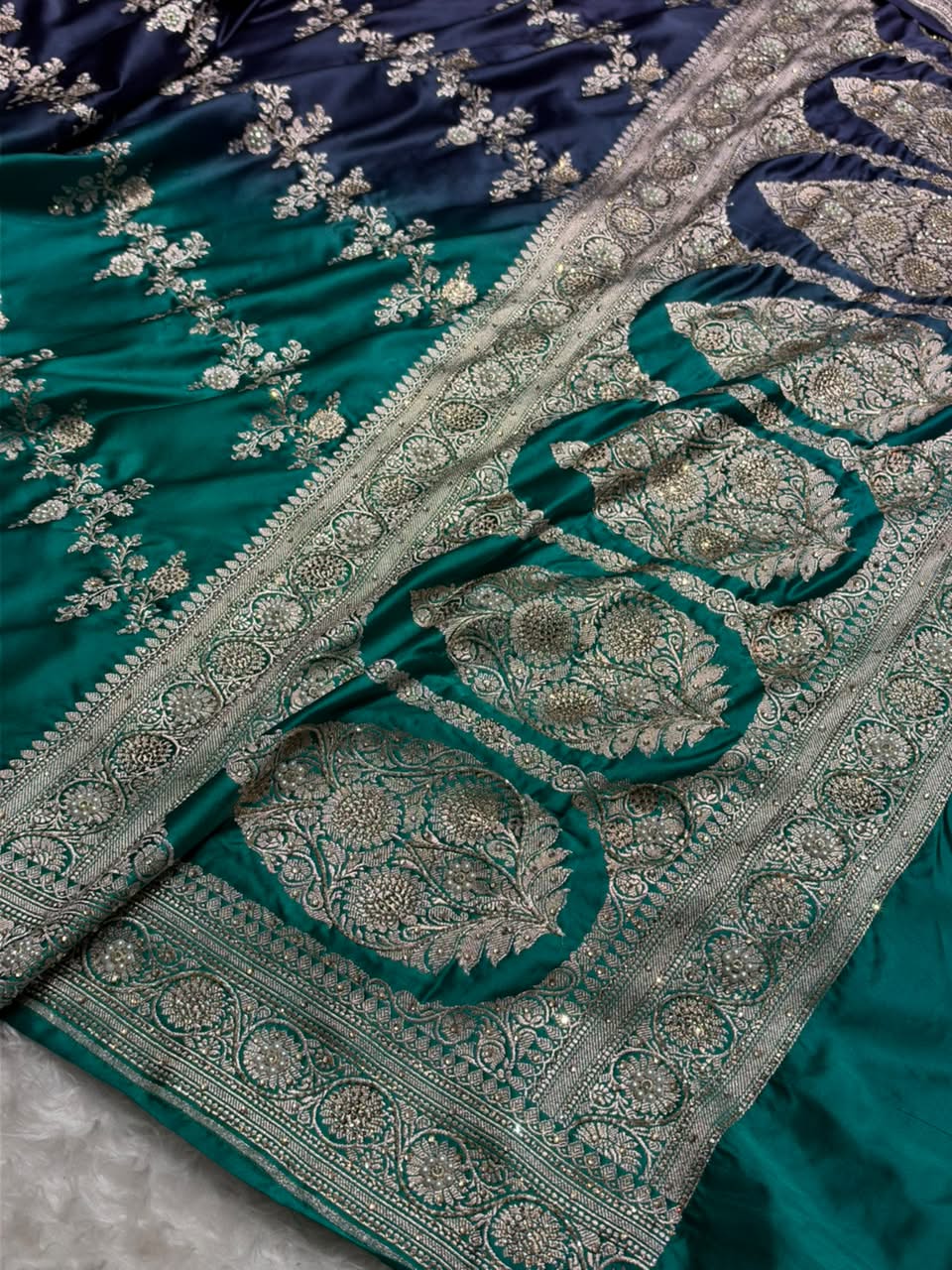 Peacock Ombre Shade Bridal Saree With Ari And Moti Work BOMCS-01