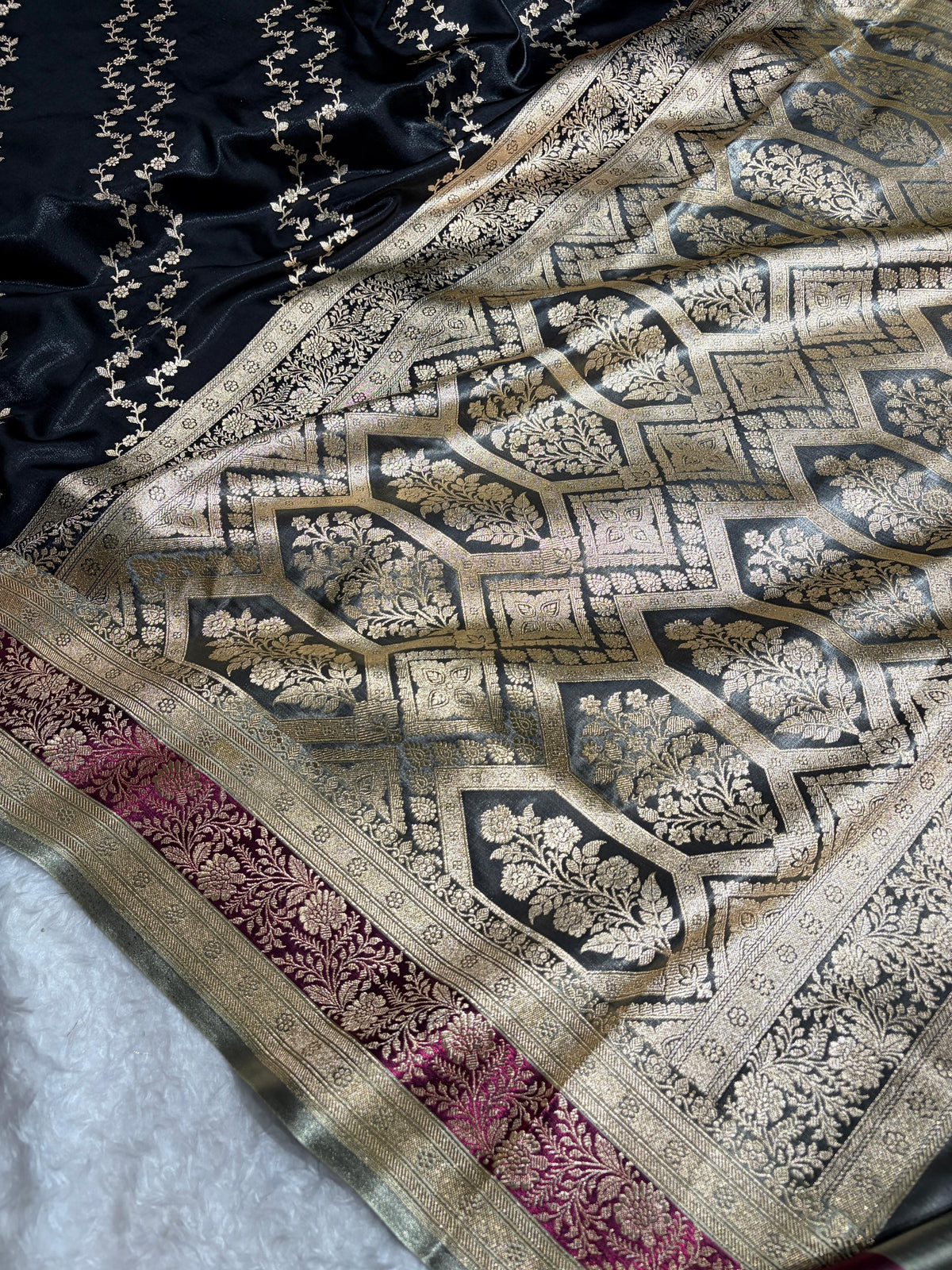 Banarasi Light Weight Satin Silk Black / Wine Shades SS69(C)