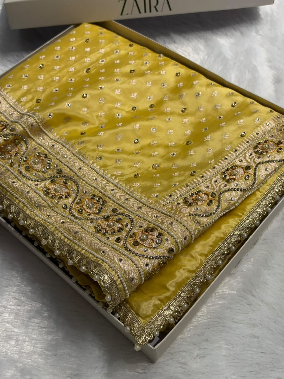 Butter Yellow Shades Border Crepe Silky Katan With Ari Zardozi & Gotta Patti Work Banarasi Saree BCSKGP-04