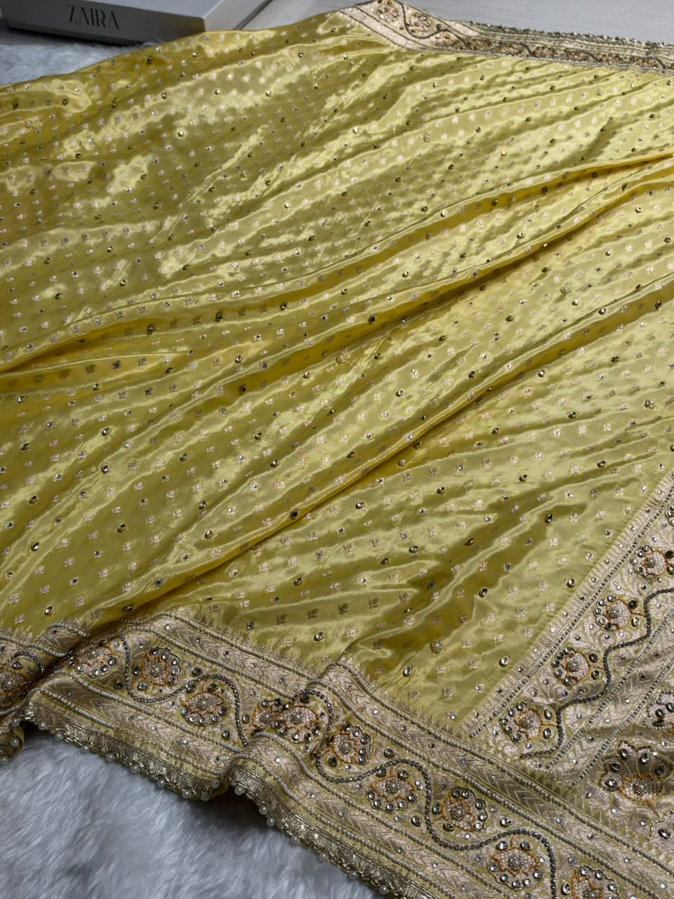 Butter Yellow Shades Border Crepe Silky Katan With Ari Zardozi & Gotta Patti Work Banarasi Saree BCSKGP-04