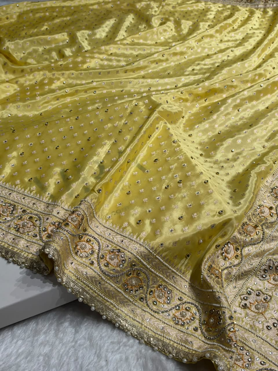 Butter Yellow Shades Border Crepe Silky Katan With Ari Zardozi & Gotta Patti Work Banarasi Saree BCSKGP-04
