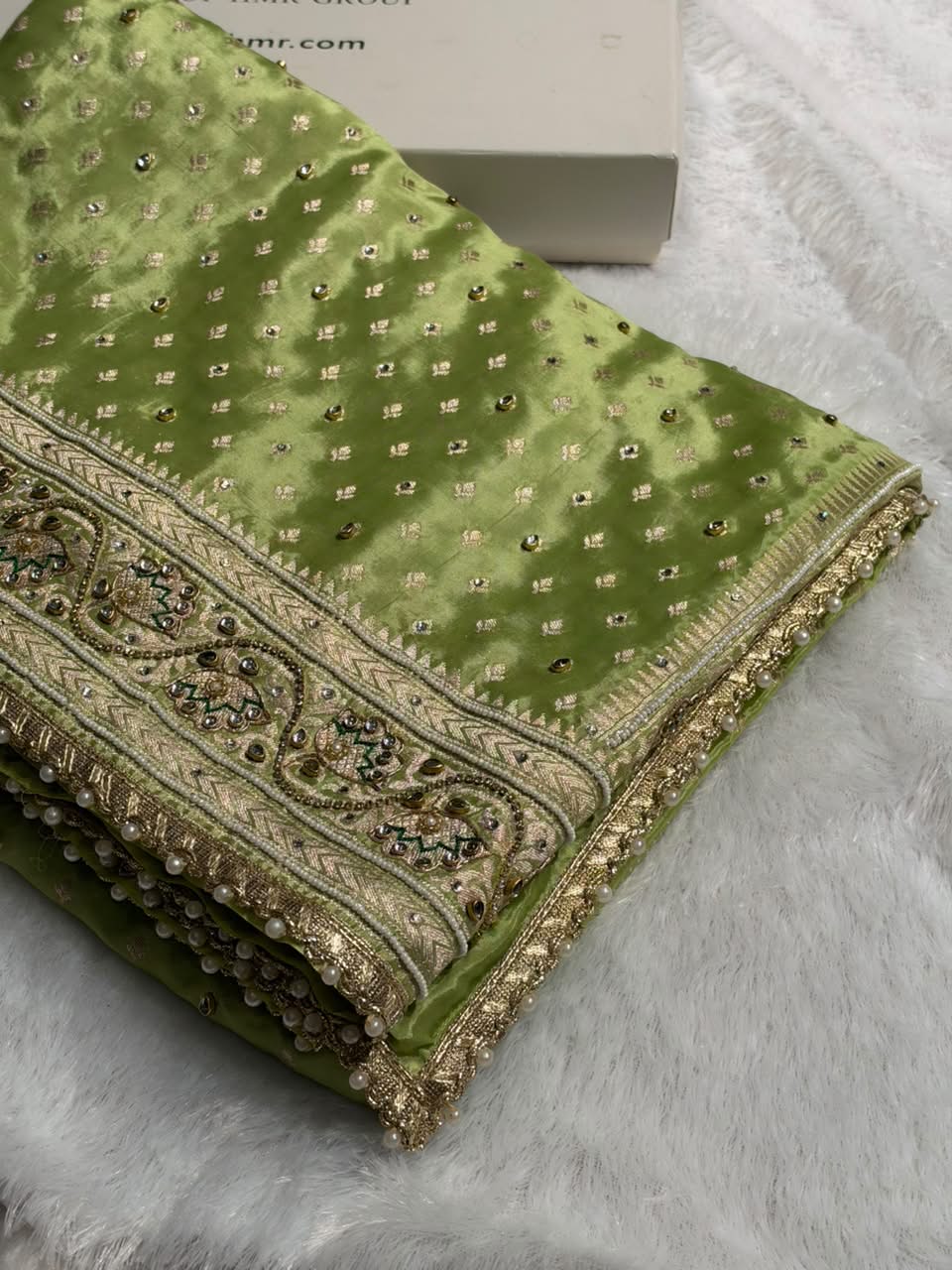 Pastel Pista Shades Border Crepe Silky Katan With Ari Zardozi & Gotta Patti Work Banarasi Saree BCSKGP-04