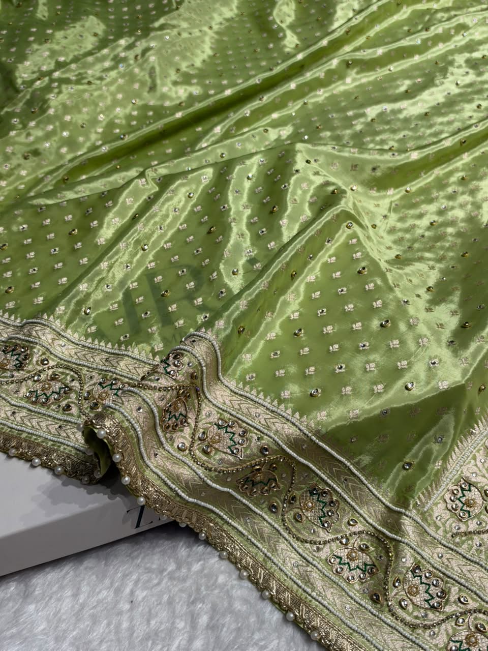 Pastel Pista Shades Border Crepe Silky Katan With Ari Zardozi & Gotta Patti Work Banarasi Saree BCSKGP-04