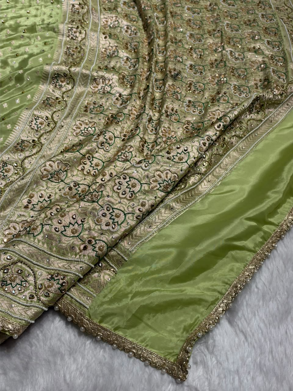 Pastel Pista Shades Border Crepe Silky Katan With Ari Zardozi & Gotta Patti Work Banarasi Saree BCSKGP-04