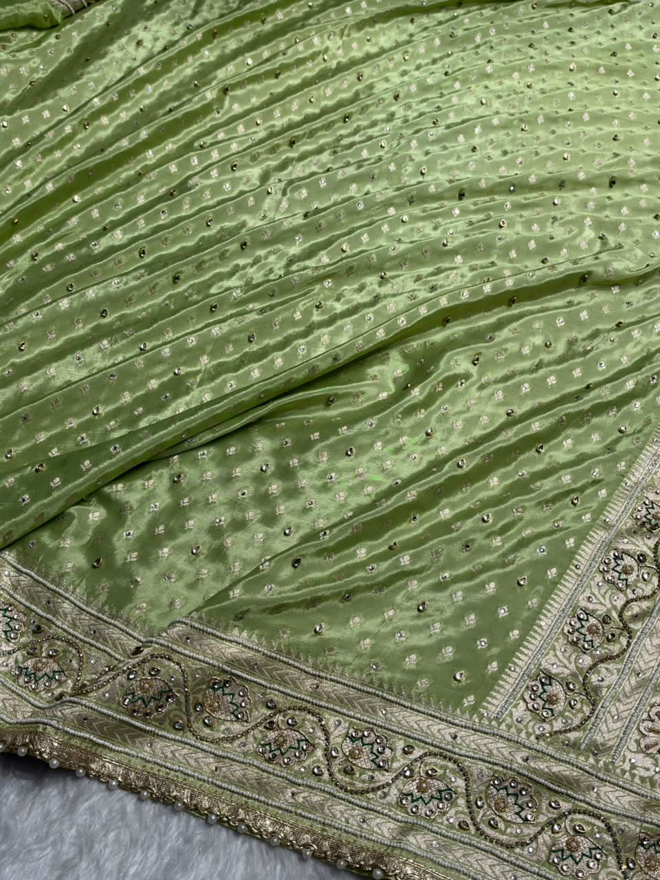 Pastel Pista Shades Border Crepe Silky Katan With Ari Zardozi & Gotta Patti Work Banarasi Saree BCSKGP-04