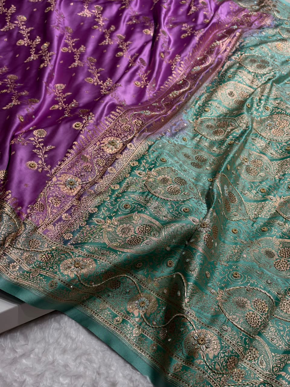 Royal Purple And Teal Green Contrast Banarasi Satin Katan Saree With Aari Zardozi Work Boota in Cross Royal Purle Shades BSK157
