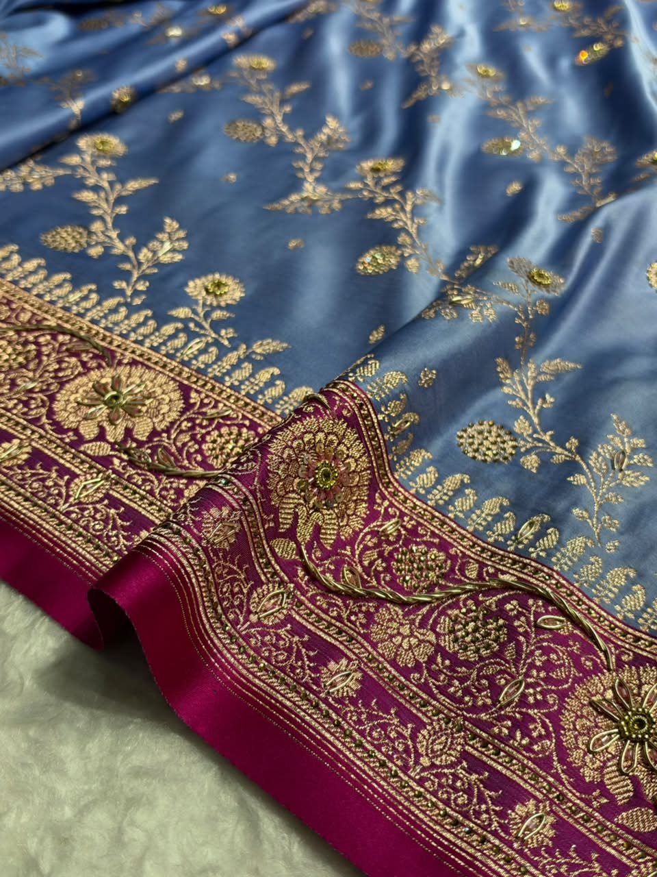 Dusty Blue and Rani Pink Contrast Banarasi Satin Katan Saree With Aari Zardozi Work Boota in Cross Dusty Blue Shades BSK157
