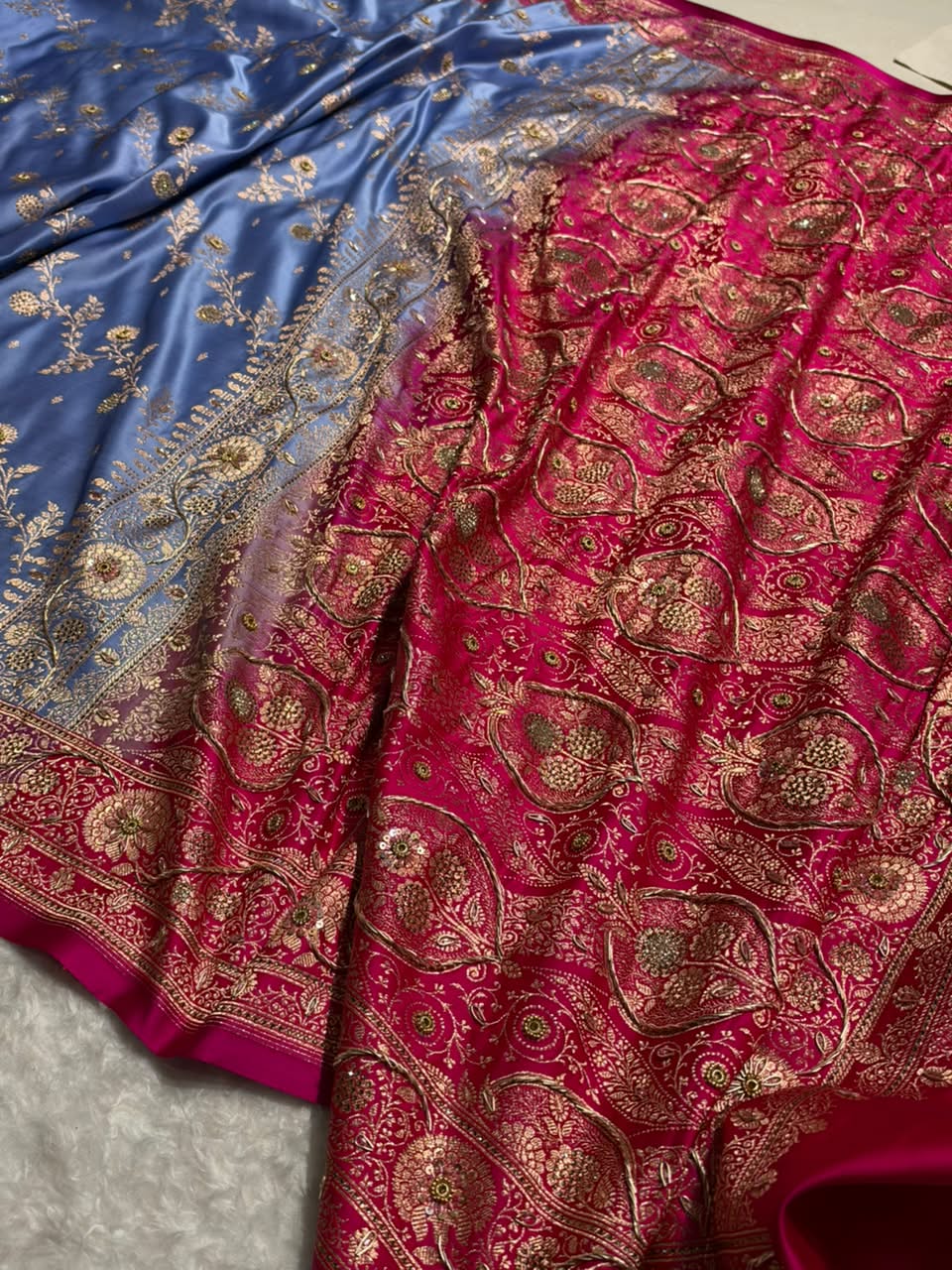 Dusty Blue and Rani Pink Contrast Banarasi Satin Katan Saree With Aari Zardozi Work Boota in Cross Dusty Blue Shades BSK157