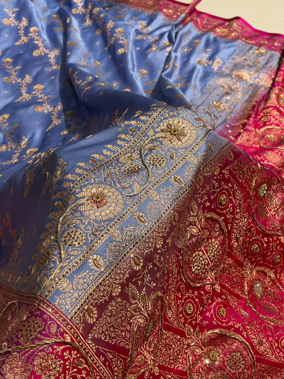 Dusty Blue and Rani Pink Contrast Banarasi Satin Katan Saree With Aari Zardozi Work Boota in Cross Dusty Blue Shades BSK157