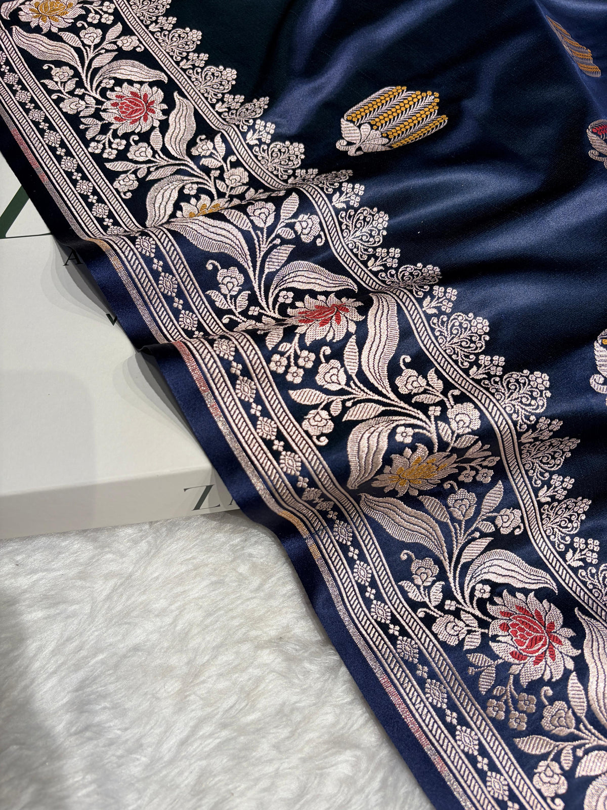 Navy Blue Shades Banarasi Boota Pattern Minakari Floral Mashru Silk Saree MSM-122