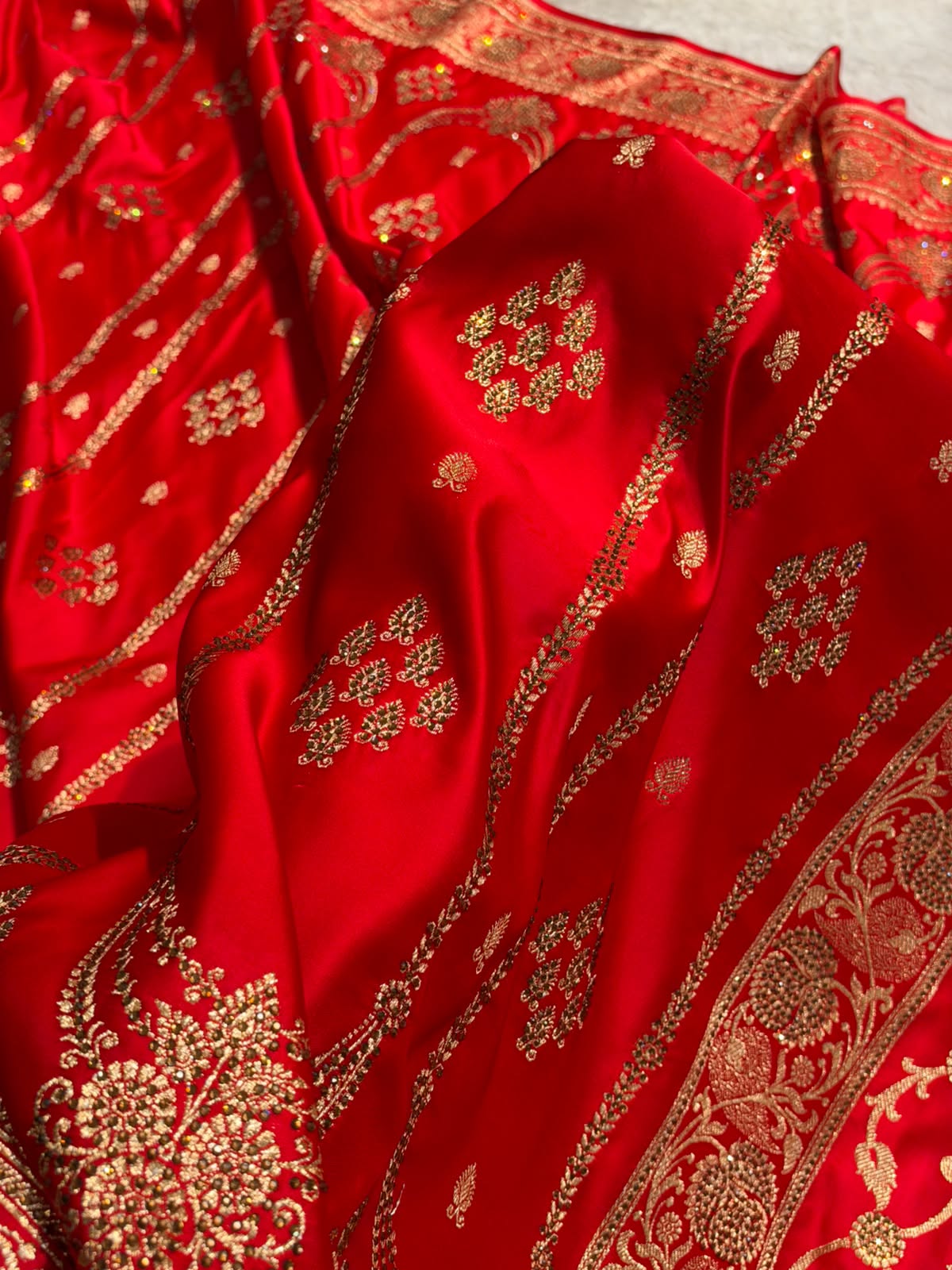 Red Floral Boota Pattern With Banaras Swarovski Stone Work Satin Katan Silk saree BSK39