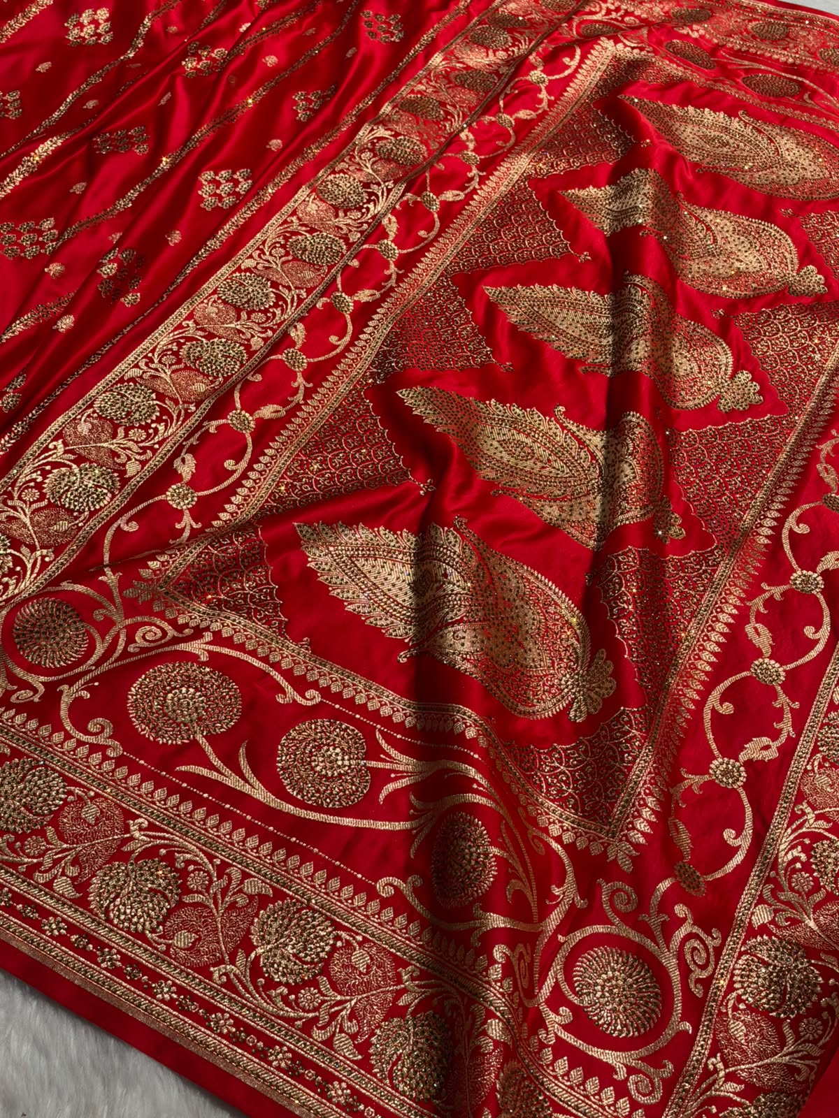 Red Floral Boota Pattern With Banaras Swarovski Stone Work Satin Katan Silk saree BSK39