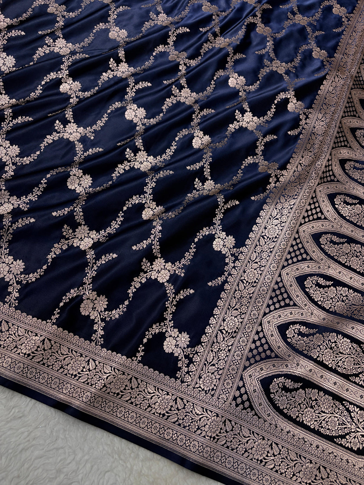 Navy Blue Shades Banarasi With Floral Border Mashru Silk Saree MSM-127