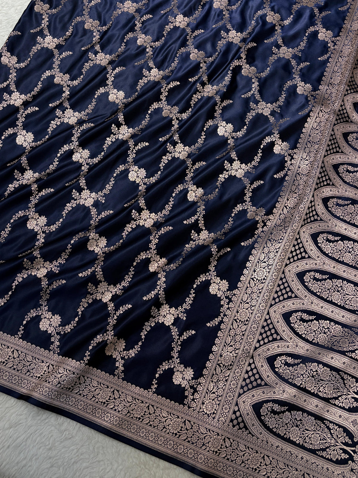 Navy Blue Shades Banarasi With Floral Border Mashru Silk Saree MSM-127