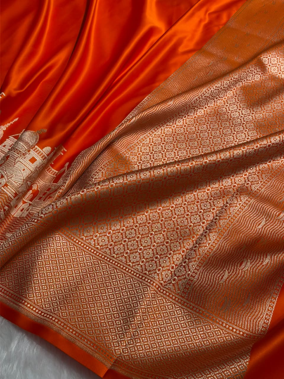 Orange Shades Ghat Pattern Satin Katan Silk Saree MSM-144