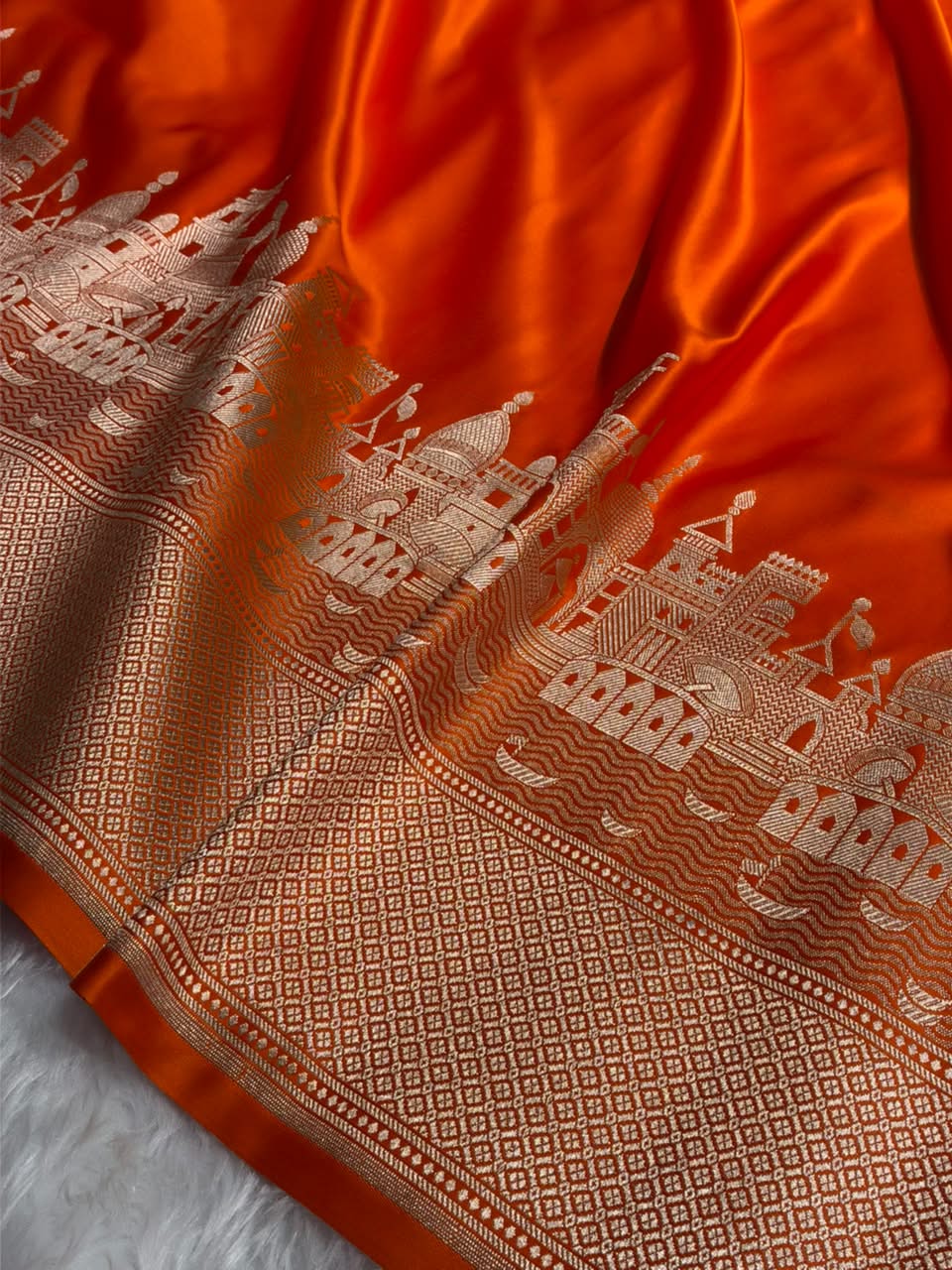 Orange Shades Ghat Pattern Satin Katan Silk Saree MSM-144