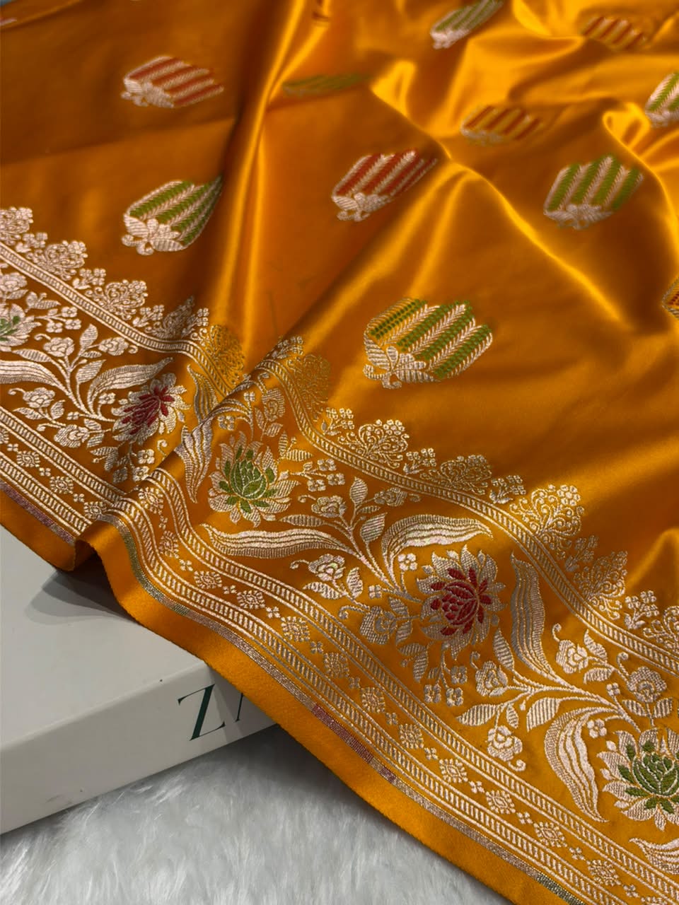 Yellow Shades Banarasi Boota Pattern Minakari Floral Mashru Silk Saree MSM-122
