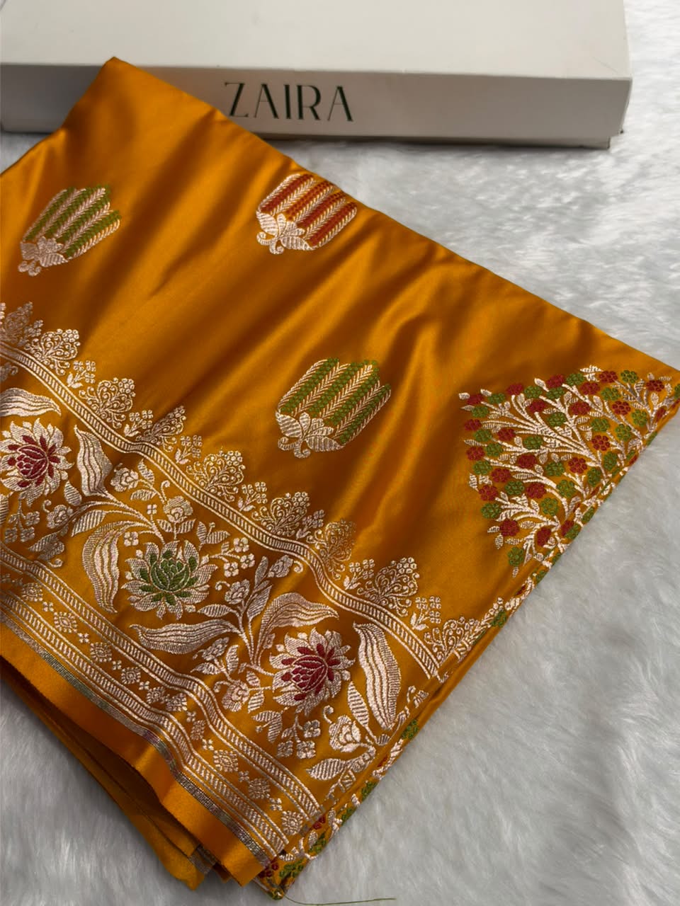 Yellow Shades Banarasi Boota Pattern Minakari Floral Mashru Silk Saree MSM-122