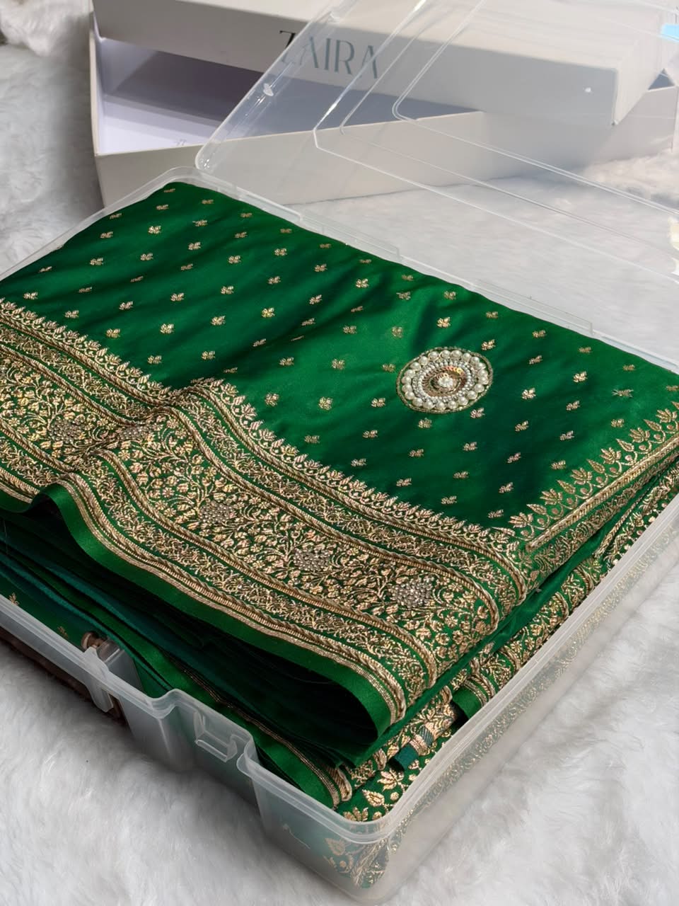 Bridal Green Satin Katan Silk With Zardozy And Mooti Work BSK88