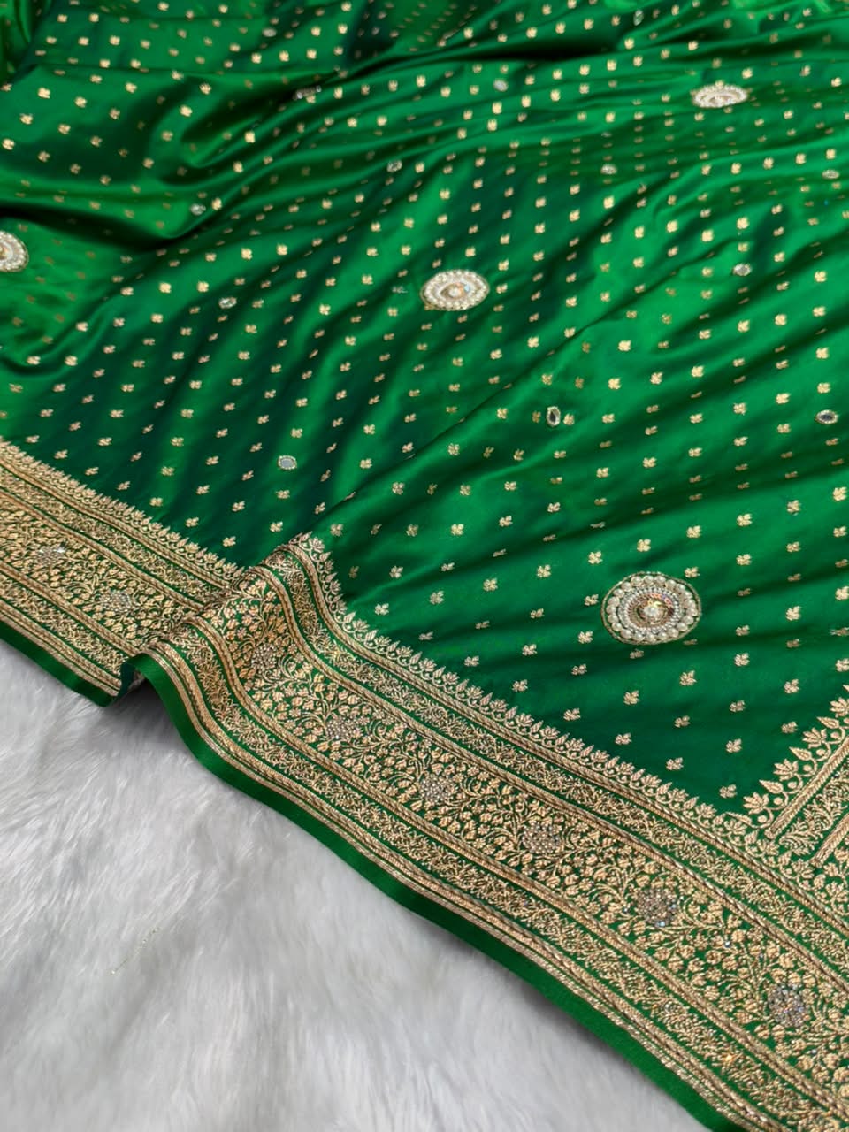 Bridal Green Satin Katan Silk With Zardozy And Mooti Work BSK88