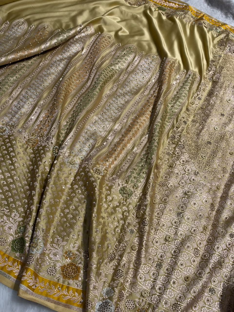 Bridal Beige Skirt Pattern Mashru Silk Saree With Ari And Stone Work BMSM-83