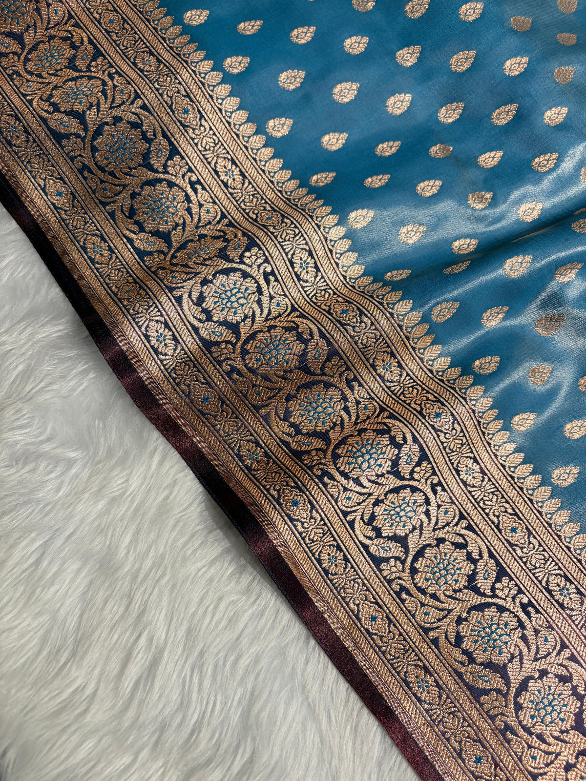 Satin Silk Booti in Sky Blue With Brown Shades SS01