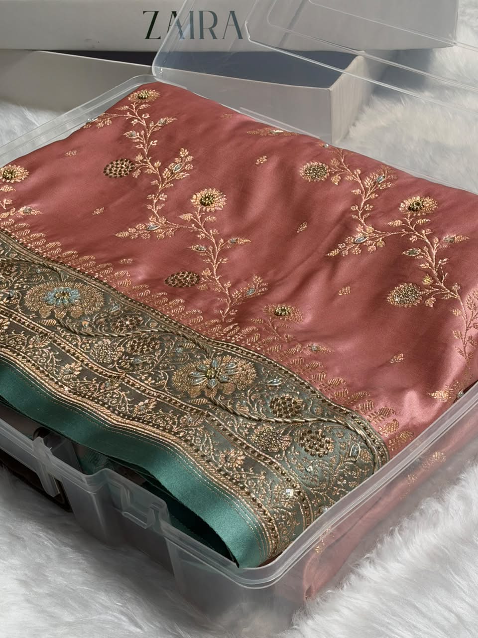 Peach and Sea Green Contrast Banarasi Satin Katan Saree With Aari Zardozi Work Boota in Cross Peach Shades BSK157