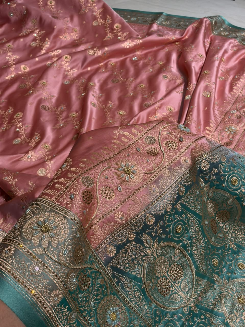 Peach and Sea Green Contrast Banarasi Satin Katan Saree With Aari Zardozi Work Boota in Cross Peach Shades BSK157