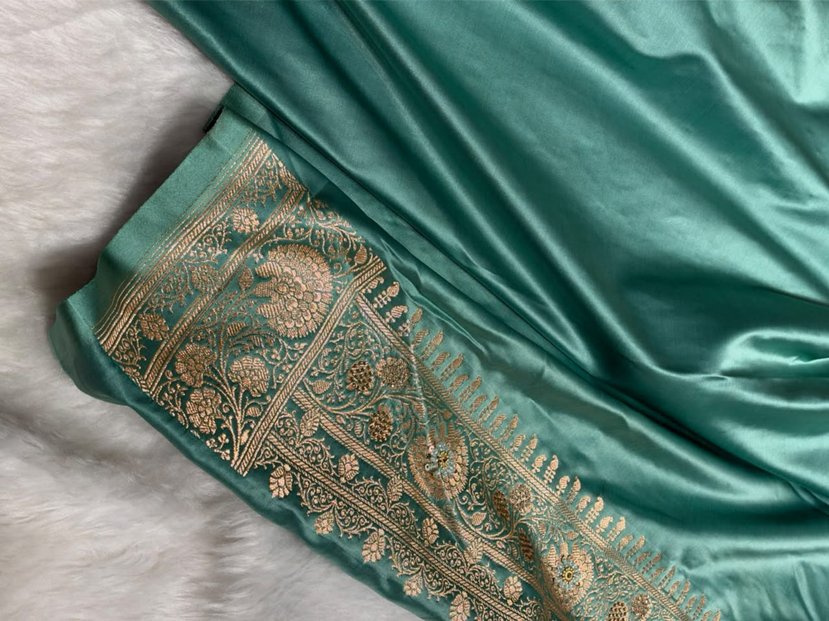 Peach and Sea Green Contrast Banarasi Satin Katan Saree With Aari Zardozi Work Boota in Cross Peach Shades BSK157