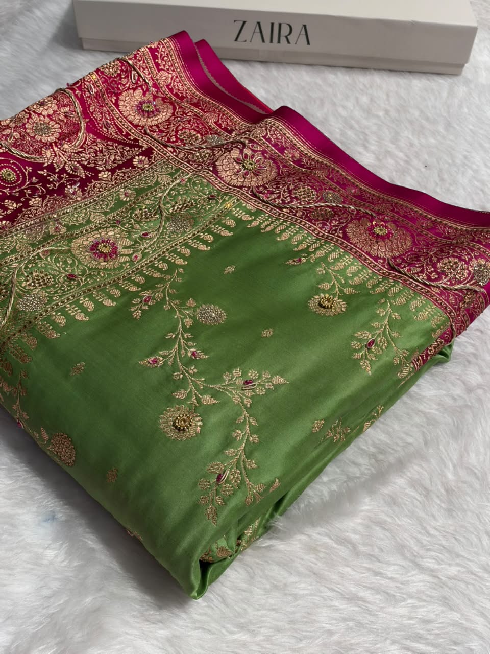 Pista Green and Rani Pink Contrast Banarasi Satin Katan Saree With Aari Zardozi Work Boota in Cross Dusty Blue Shades BSK157