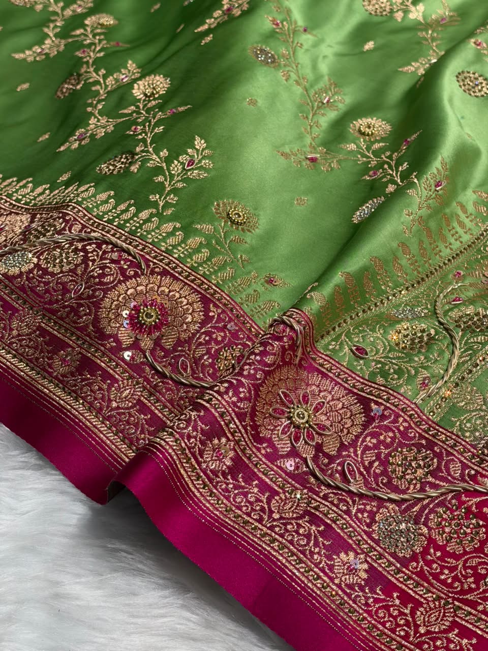 Pista Green and Rani Pink Contrast Banarasi Satin Katan Saree With Aari Zardozi Work Boota in Cross Dusty Blue Shades BSK157