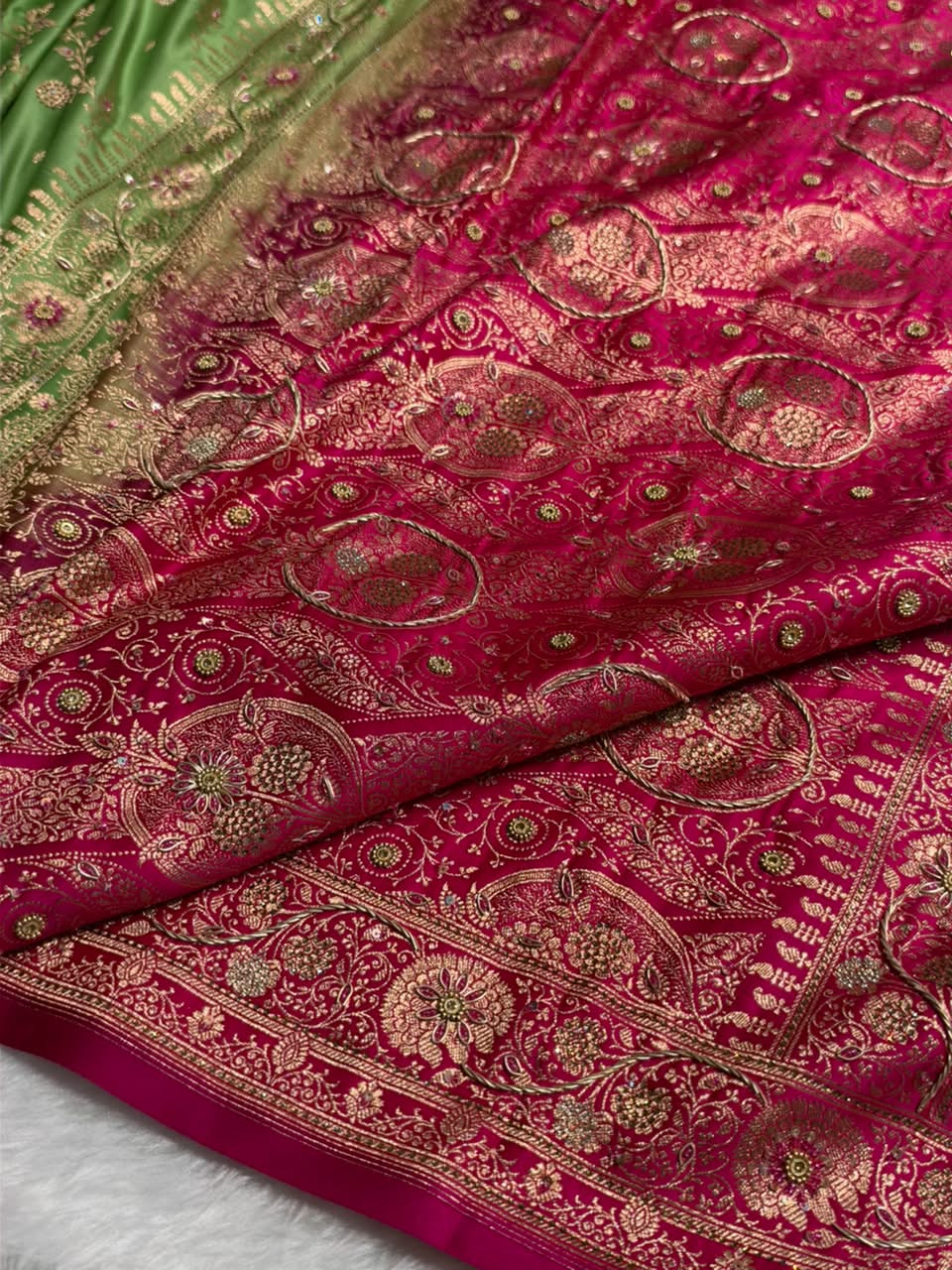 Pista Green and Rani Pink Contrast Banarasi Satin Katan Saree With Aari Zardozi Work Boota in Cross Dusty Blue Shades BSK157
